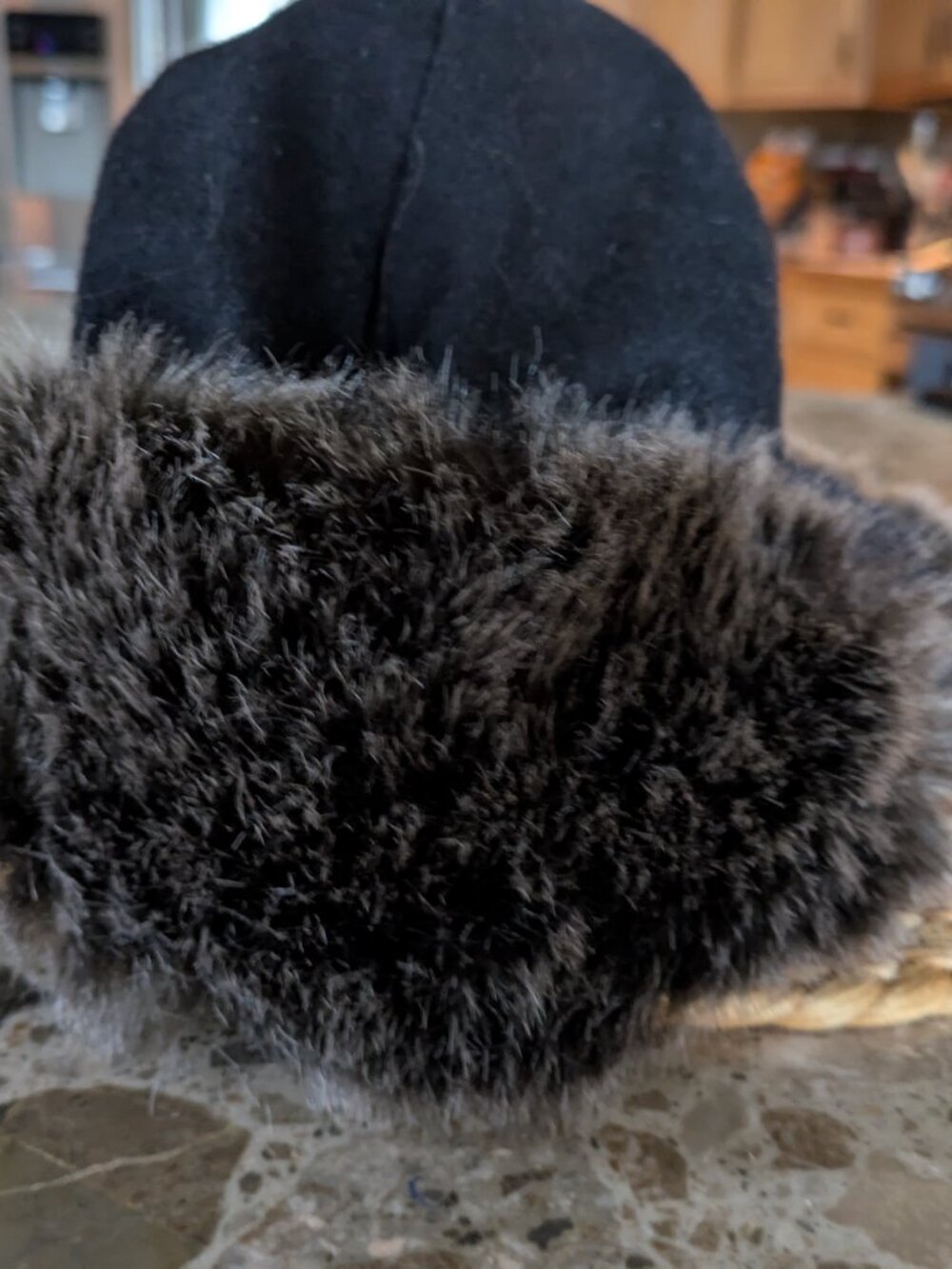 men's trapper hat black with brown faux fur w/ flaps, buttons, chin strap #776 - Picture 3 of 4